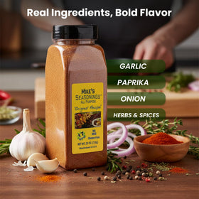 Mike's All Purpose Seasoning label detail showing no MSG and gluten-free info