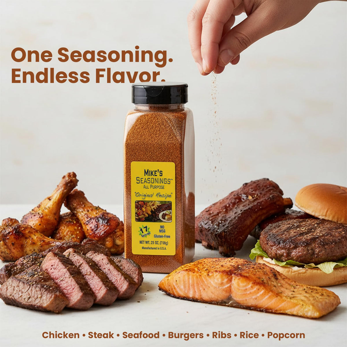 Mike's Seasonings Original Recipe spice shaker closeup highlighting quick dry rub options