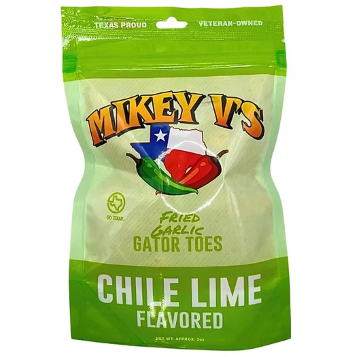 Mikey V's Chile Lime Gator Toes in a resealable bag for on-the-go snacking.
