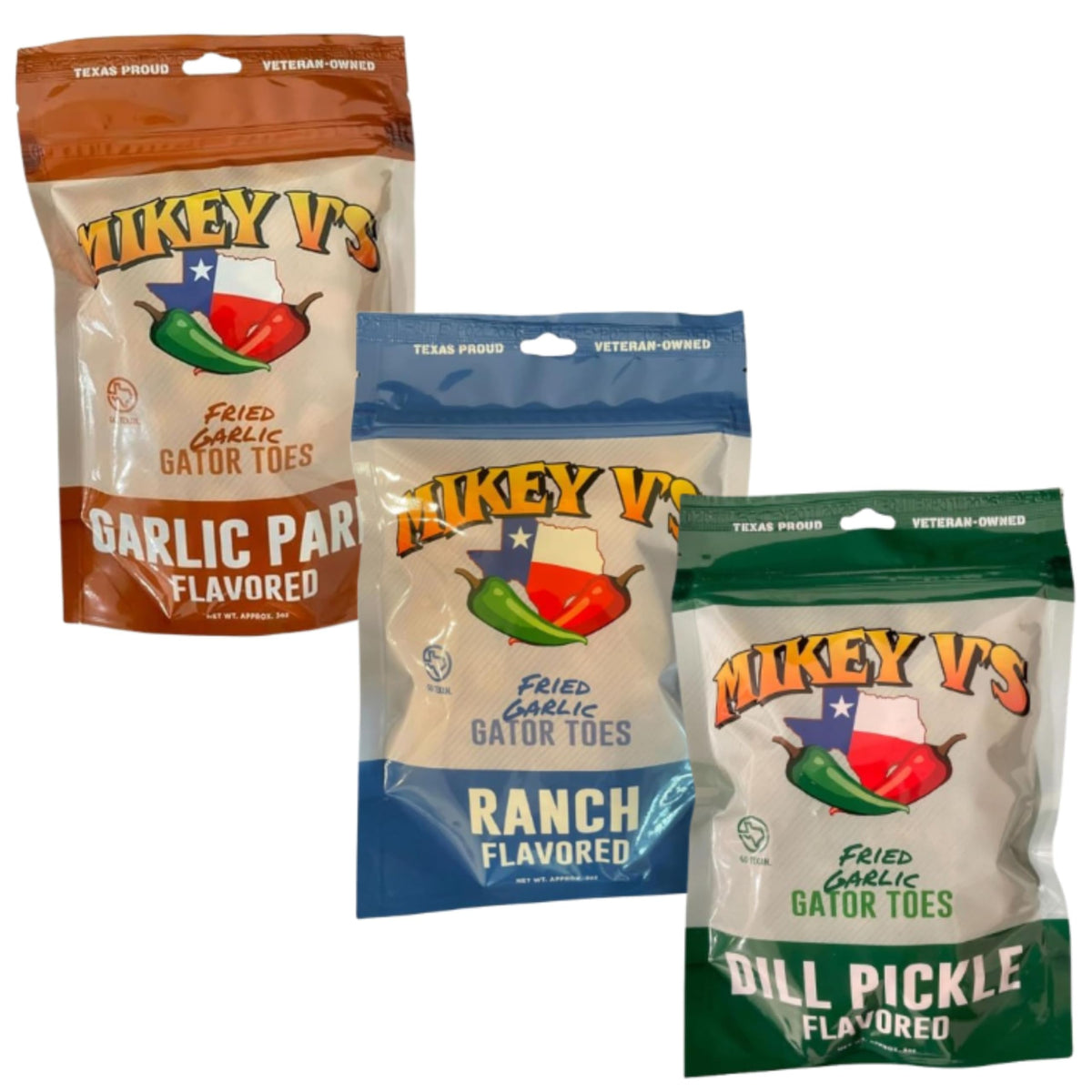 Mikey V's Gator Toes Dill Pickle bundle front view, tangy crunch ready
