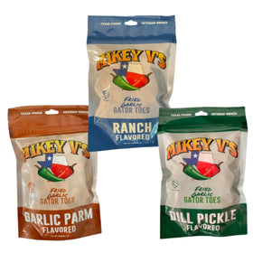 Mikey V's Gator Toes Garlic Parmesan bundle front view, bold garlic flavor ahead