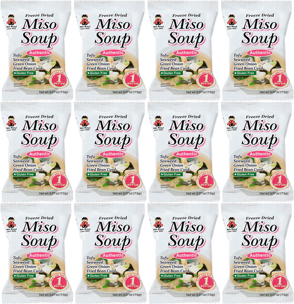 Miko Brand freeze-dried miso soup serving pouch with tofu and seaweed, ideal for quick meals.