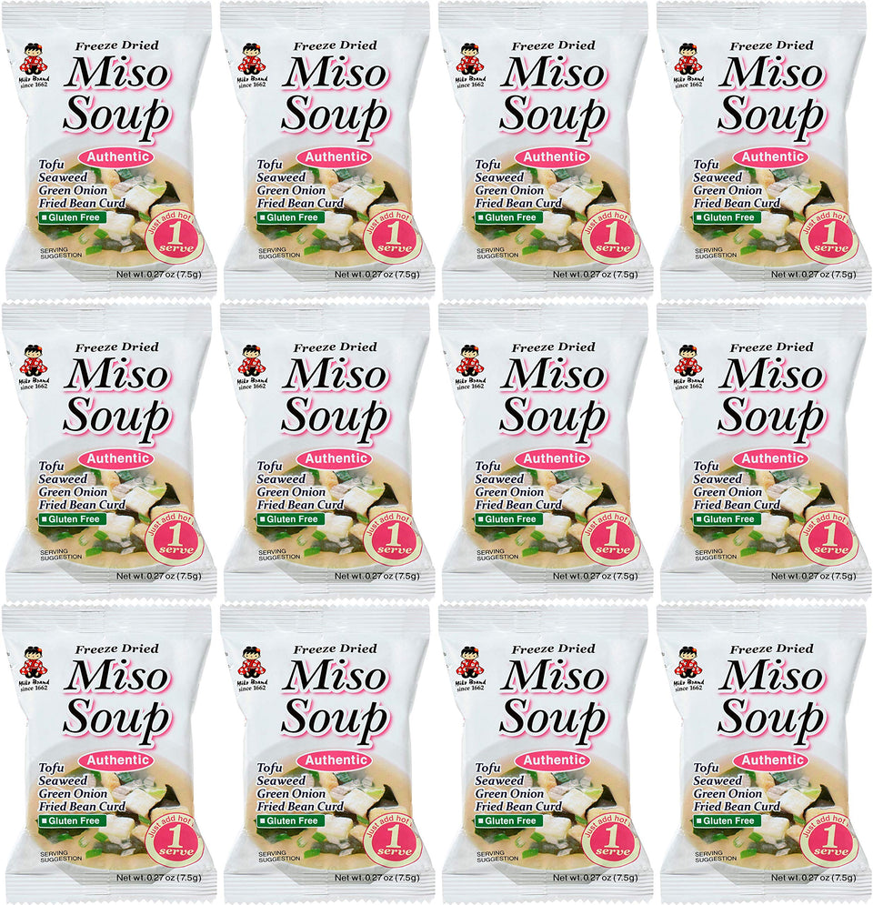 Miko Brand freeze-dried miso soup serving pouch with tofu and seaweed, ideal for quick meals.