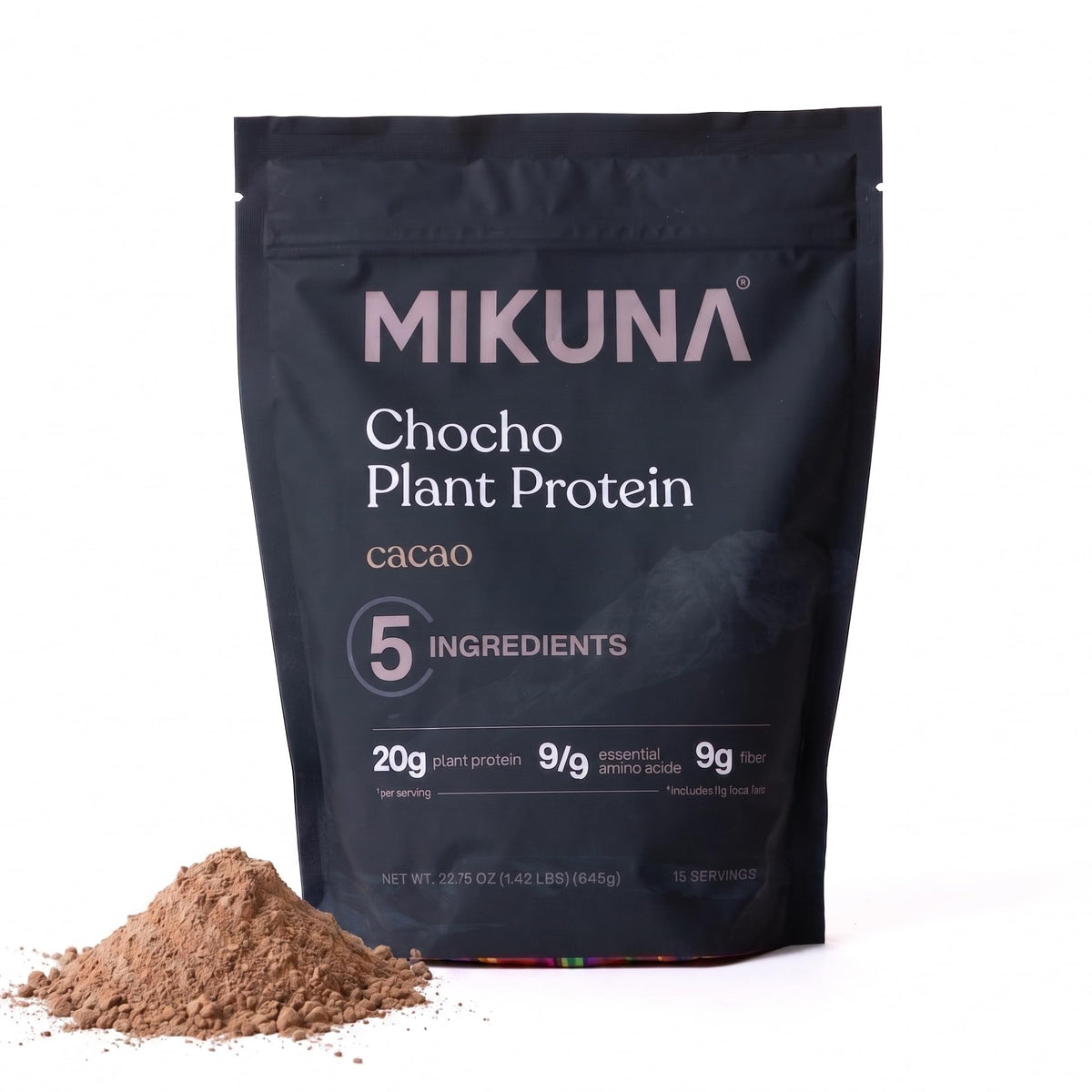 Mikuna Chocho protein powder cacao bag shows five-ingredient clean formula for daily use.