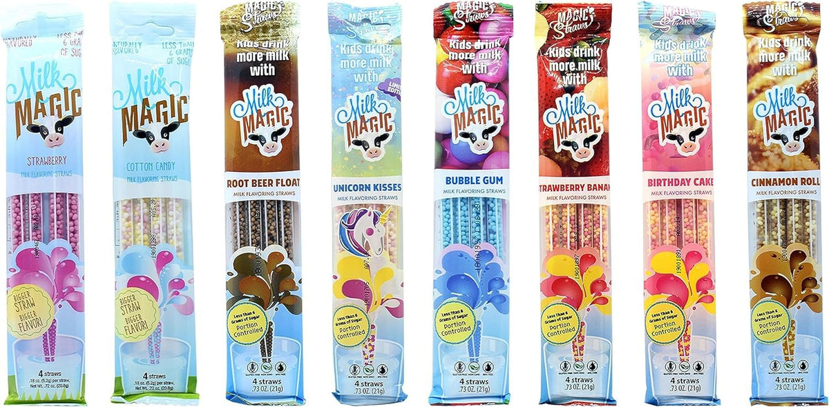 Milk Magic sweet and savory bundle with eight flavor straws encourages milk drinking.