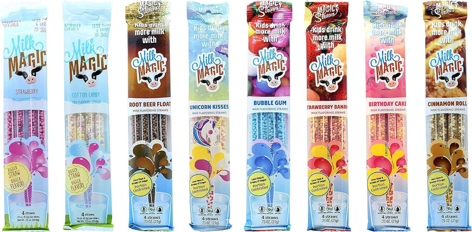 Milk Magic sweet and savory bundle with eight flavor straws encourages milk drinking.