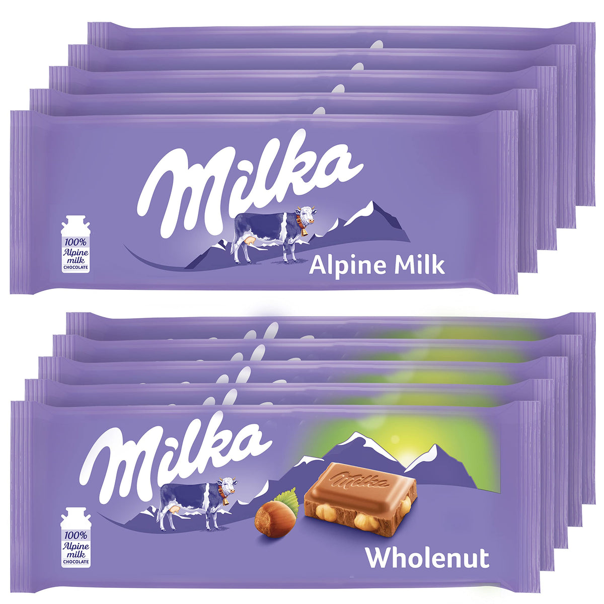 Milka Alpine Milk chocolate bar collection shown for sharing and gifting occasions