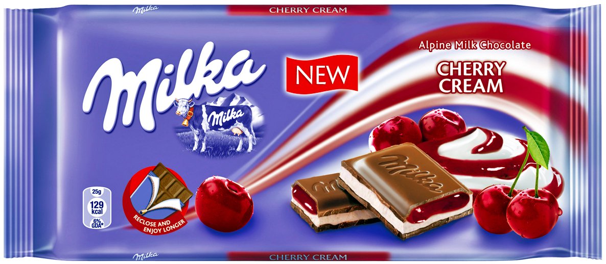 Milka vanilla cherry cream bar close-up highlighting creamy melt.