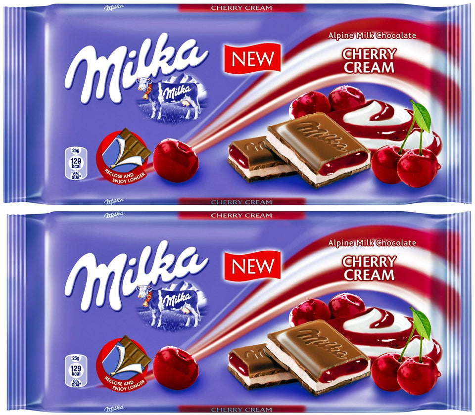 Milka Alpine Milk Chocolate vanilla cherry cream pack close-up for sharing.