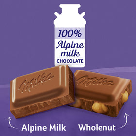 Milka Wholenut Hazelnut chocolate bar with toasted hazelnuts and creamy milk