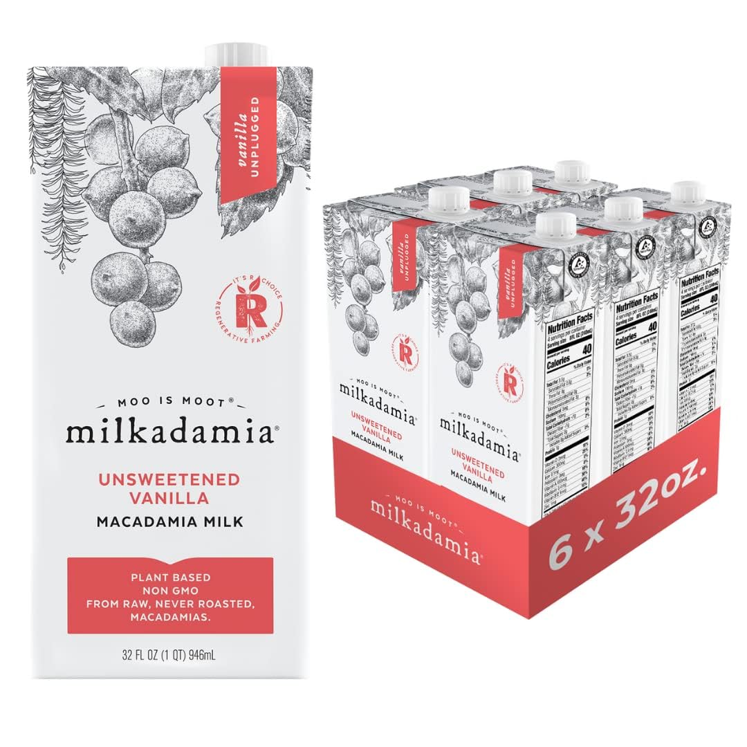 Milkadamia Macadamia Milk Unsweetened Vanilla carton showing creamy, sugar-free formulation
