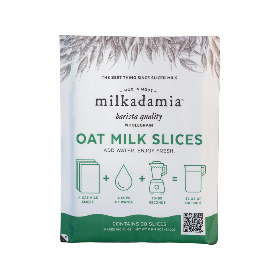 Milkadamia Oat Milk Slices pack shot, shelf-stable dairy-free milk option.