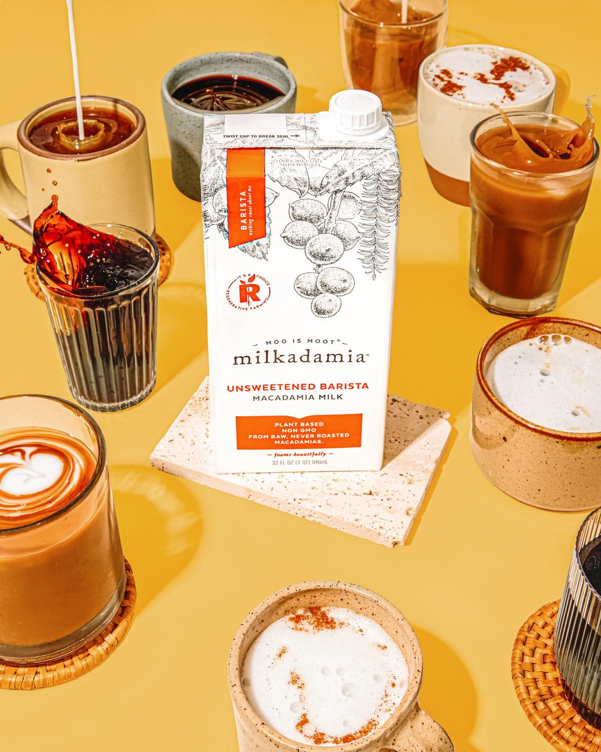 Milkadamia Unsweetened Barista Macadamia Milk poured into coffee for balanced flavor.