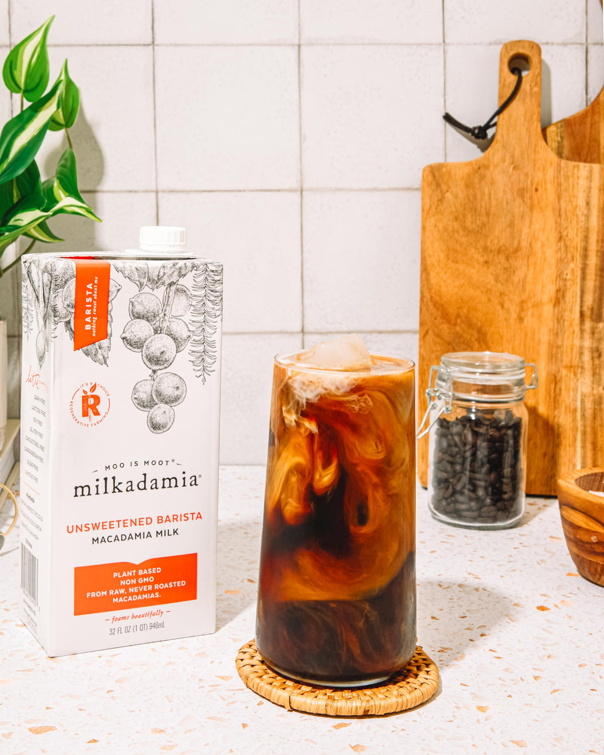 Milkadamia Unsweetened Barista Macadamia Milk ingredients highlight raw macadamia base.