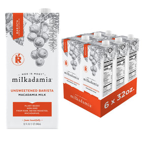 Milkadamia Unsweetened Barista Macadamia Milk pack shot for vegan, dairy-free coffee.