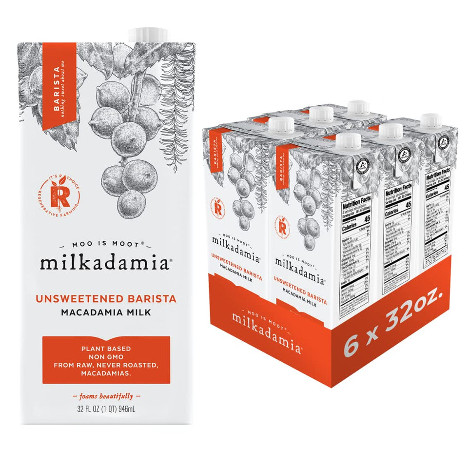 Milkadamia Unsweetened Barista Macadamia Milk pack shot for vegan, dairy-free coffee.