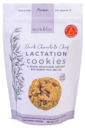 MilkBliss dark chocolate chip oatmeal cookie pack, a breastfeeding-friendly snack.