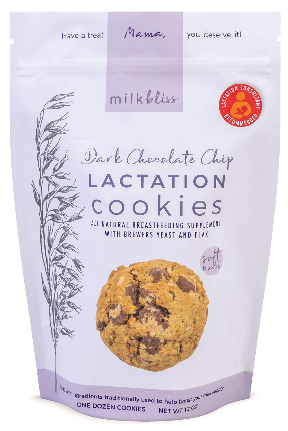 MilkBliss dark chocolate chip oatmeal cookie pack, a breastfeeding-friendly snack.