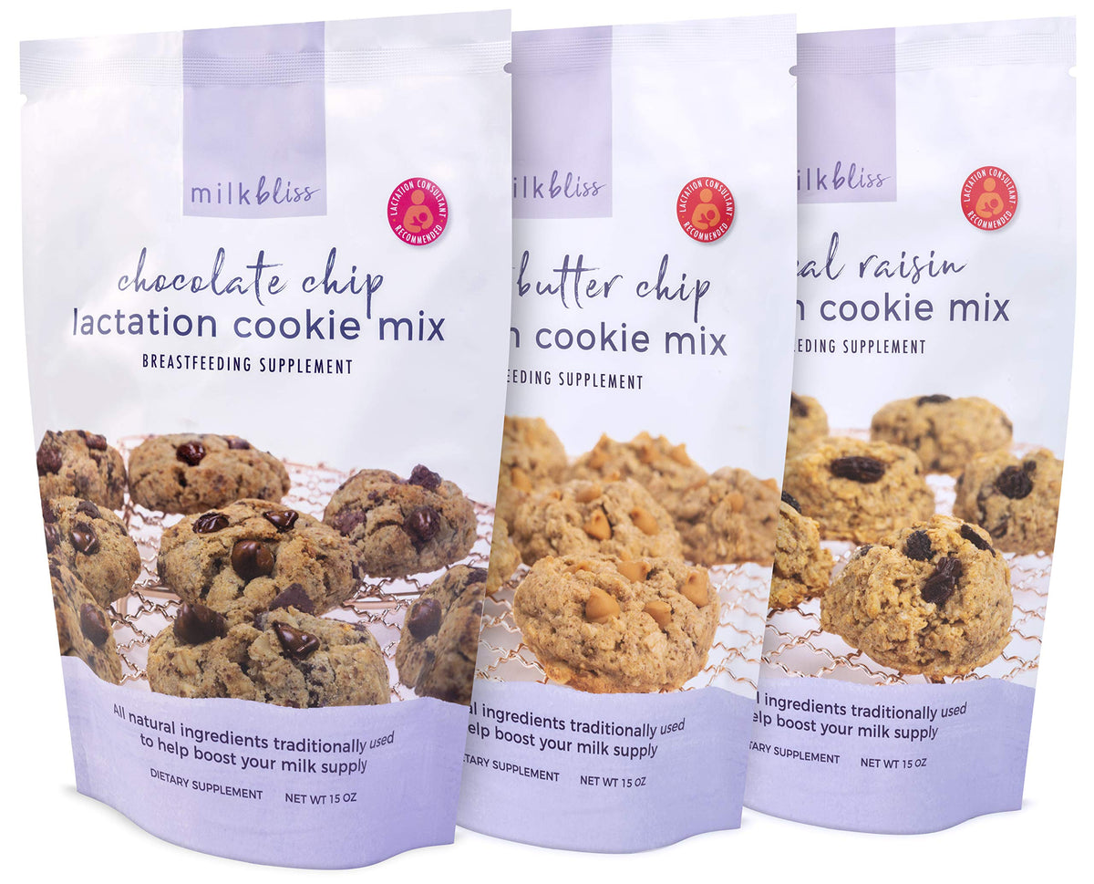 MilkBliss Lactation Cookie Mix Chocolate Chip front pack, tasty mom-friendly snack.