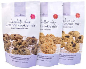 MilkBliss Lactation Cookie Mix Chocolate Chip front pack, tasty mom-friendly snack.