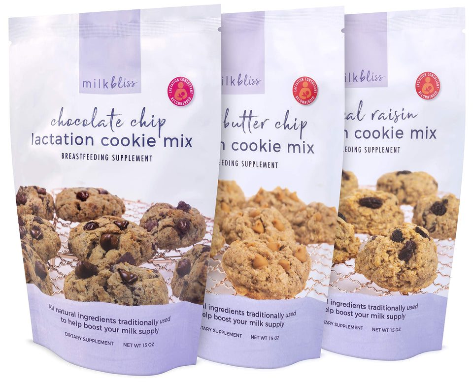 MilkBliss Lactation Cookie Mix Chocolate Chip front pack, tasty mom-friendly snack.