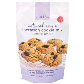 MilkBliss lactation cookies mix packaging highlighting natural ingredients for breastfeeding support.