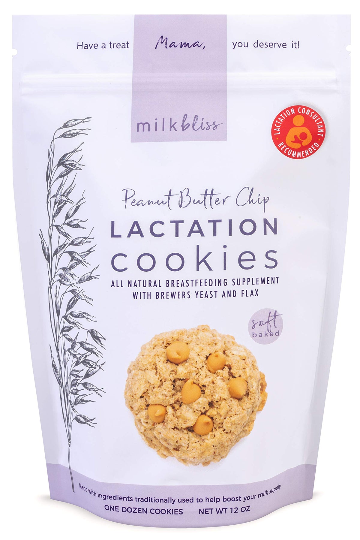 MilkBliss peanut butter chip soft baked lactation cookie on a plate, ideal breastfeeding snack.
