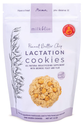 MilkBliss peanut butter chip soft baked lactation cookie on a plate, ideal breastfeeding snack.