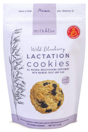 MilkBliss Wild Blueberry cookies pack, ideal for busy breastfeeding moms