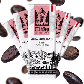 MilkBoy dark chocolate 72% bar pack front, ideal for sharing.