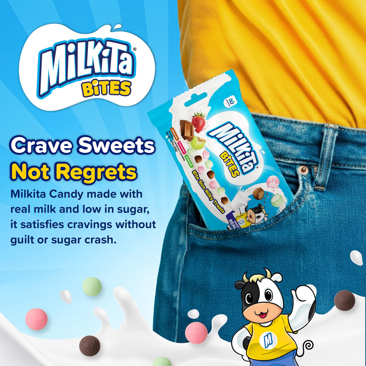 Milkita Bites on desk drawer, midday energy smile