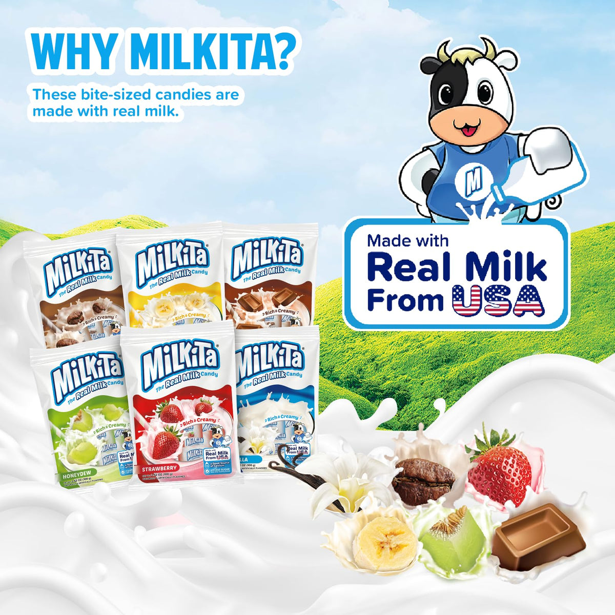 Milkita individually wrapped candies emphasize freshness and easy portion control on busy days.