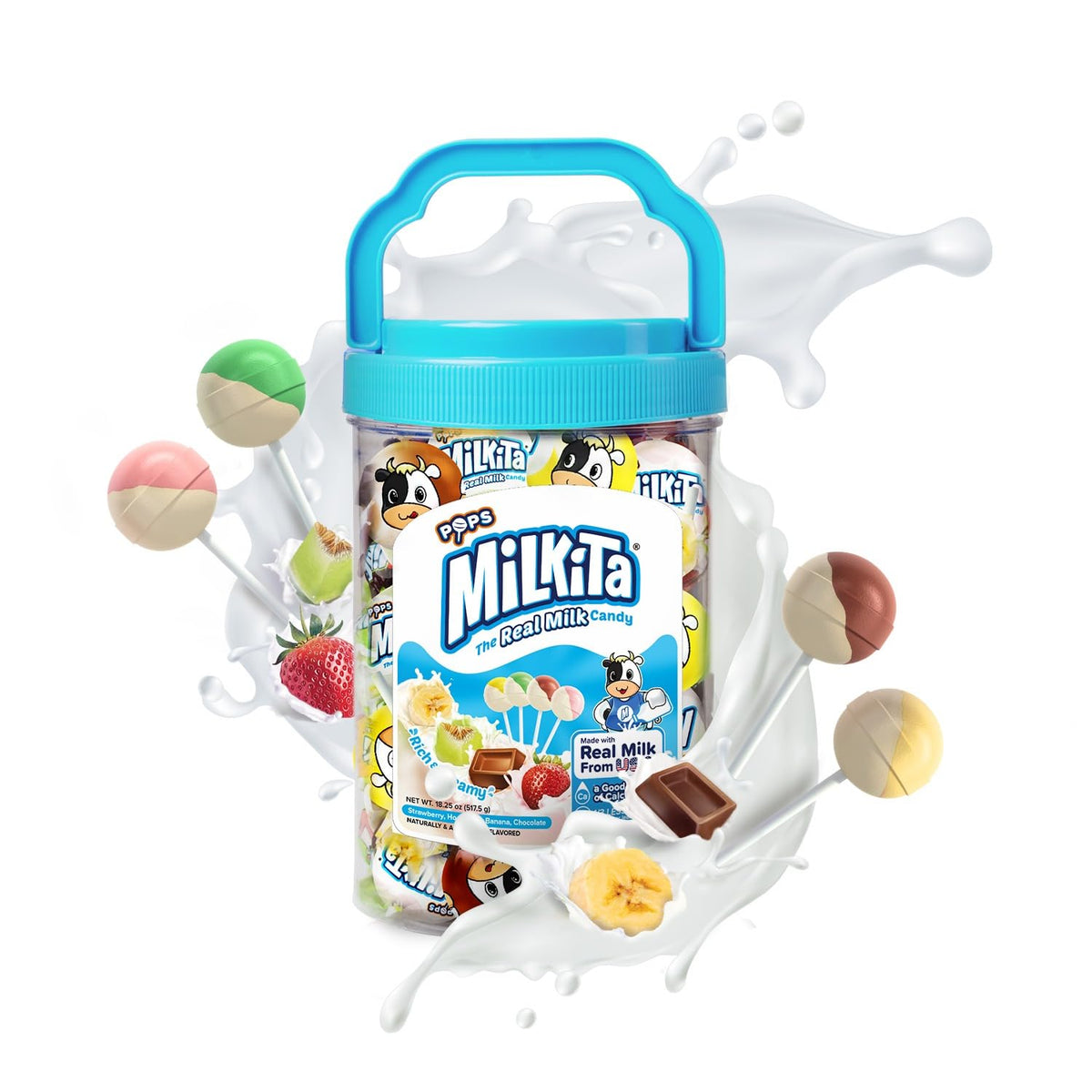 Milkita Real Milk Candy Lollipop Jar front view highlighting rich real milk flavor for nostalgic snacking.