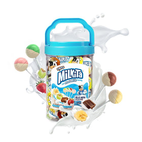 Milkita Real Milk Candy Lollipop Jar front view highlighting rich real milk flavor for nostalgic snacking.