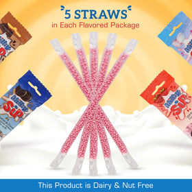 Close-up of Milky Sip beads inside the straw enriching milk.