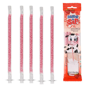 Milky Sip strawberry flavored straw in a glass of milk for kids.