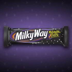 Milky Way Midnight Dark chocolate exterior wrapped in foil.