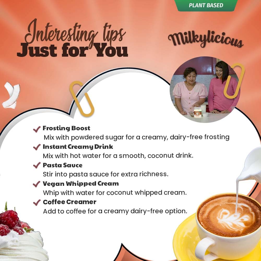Milkylicious coconut cream powder in coffee for dairy-free creaminess.