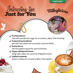 Milkylicious coconut cream powder in coffee for dairy-free creaminess.