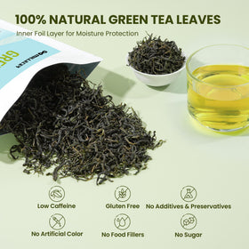 MILLETER Maofeng green tea dry leaves close-up showing delicate texture.