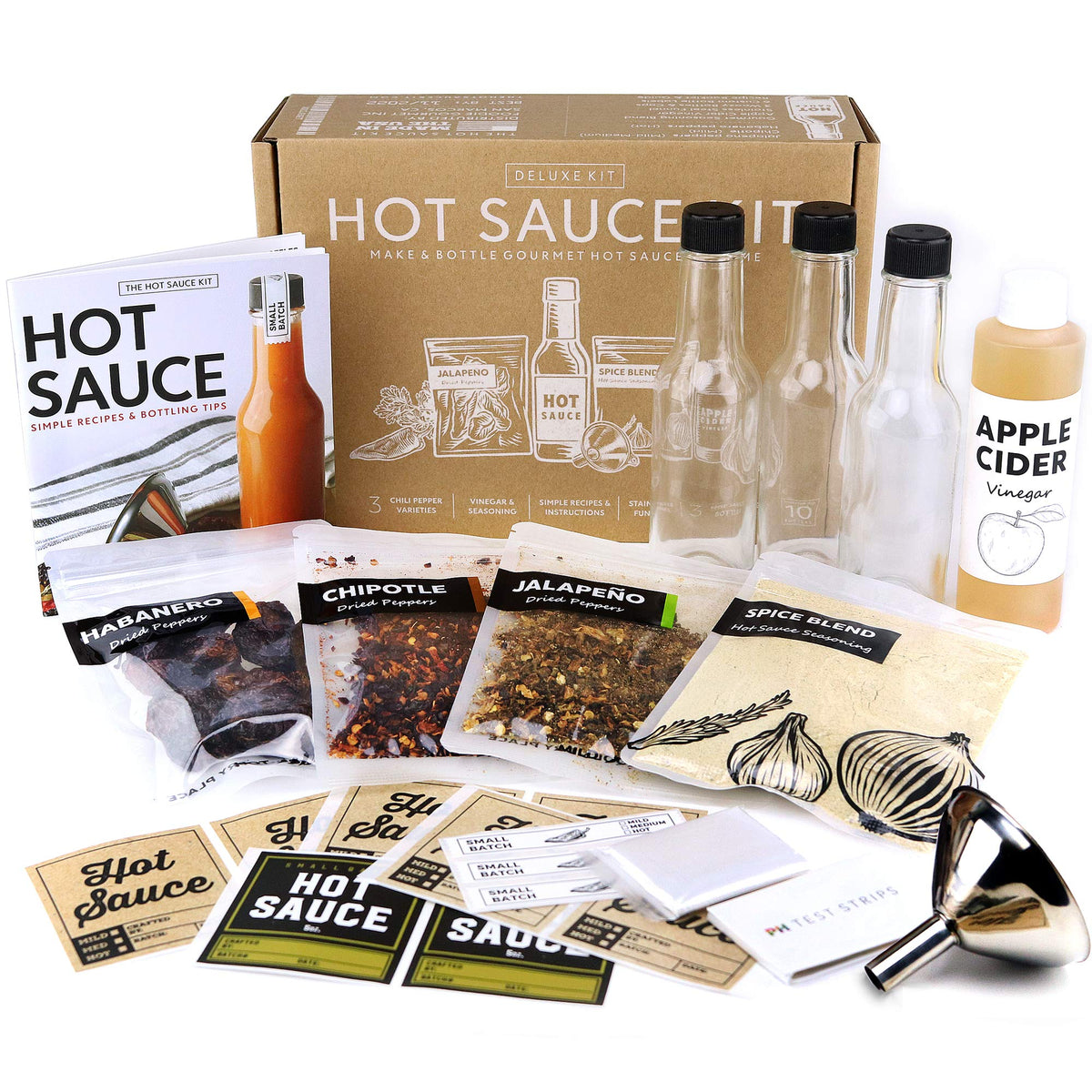Millhouse Deluxe Hot Sauce Kit: three bottles for easy bottling and sharing.