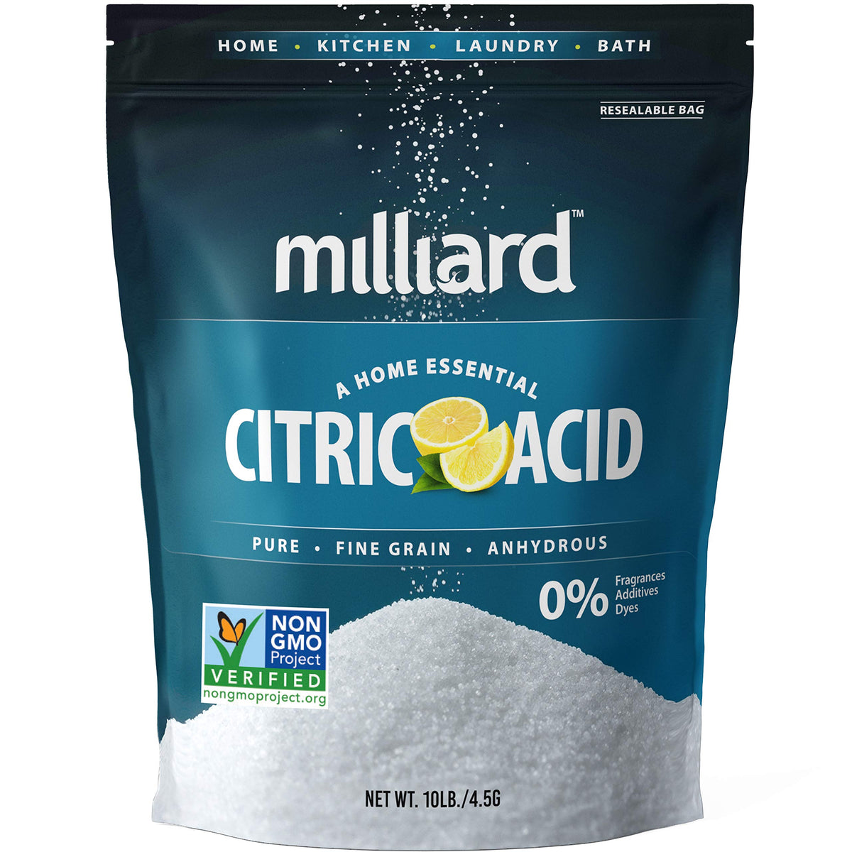 Milliard citric acid 10lb bag front view for versatile kitchen use.