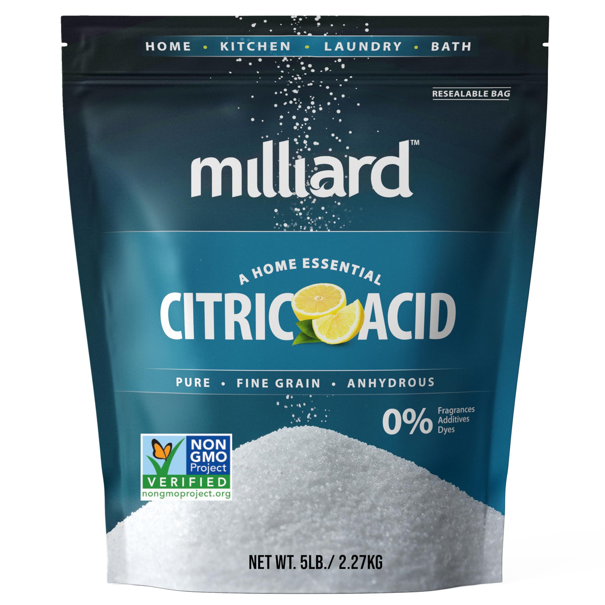 Milliard Citric Acid 5-Pound bag front, a versatile kitchen staple for flavoring and preservation.