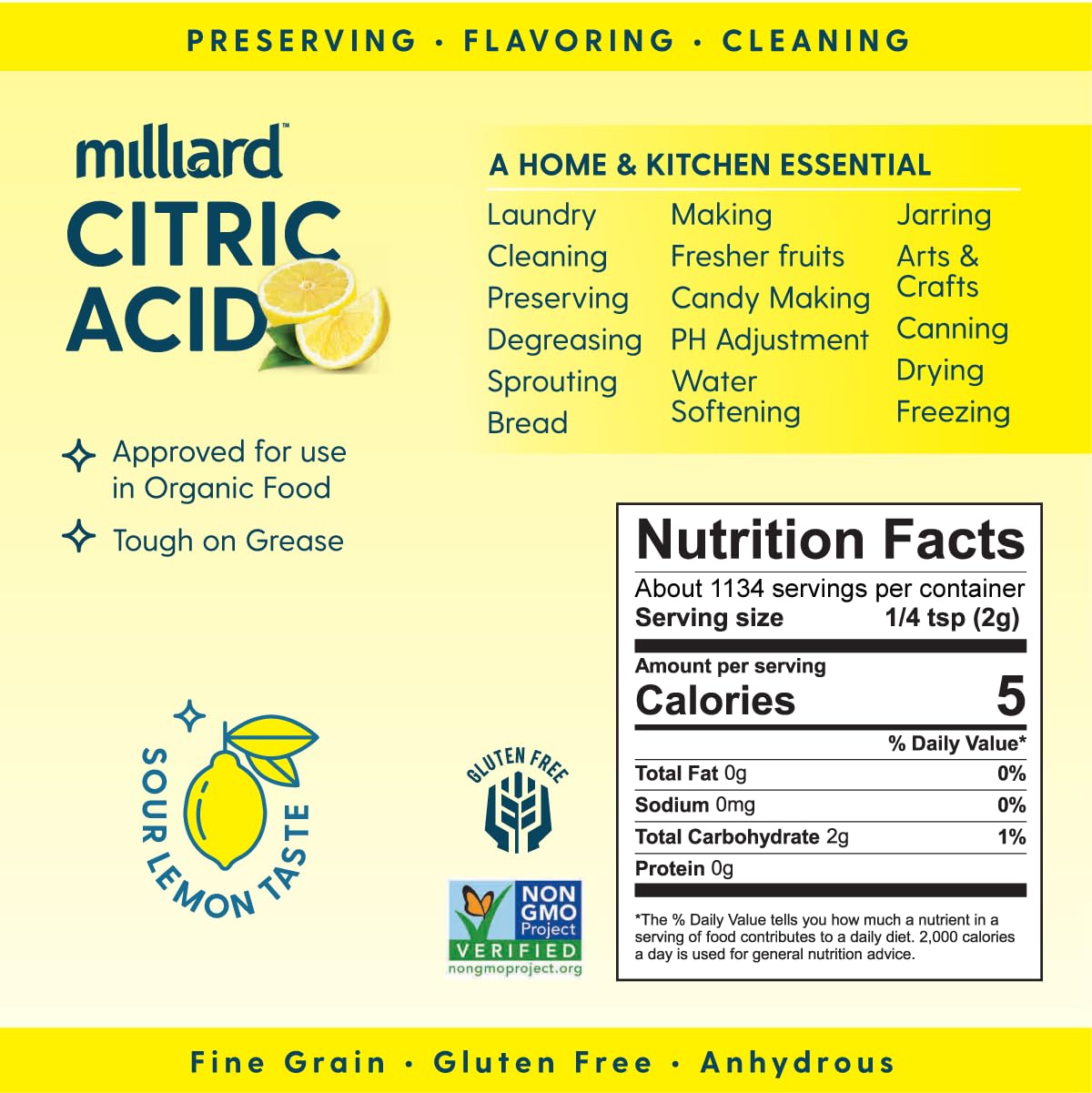 Milliard Citric Acid 5-Pound powder closeup, fine granules ideal for baking.