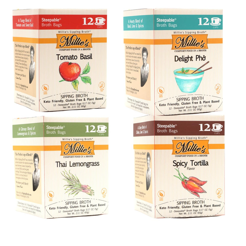 Millie's Sipping Broth four-flavor assortment for quick vegan snacking