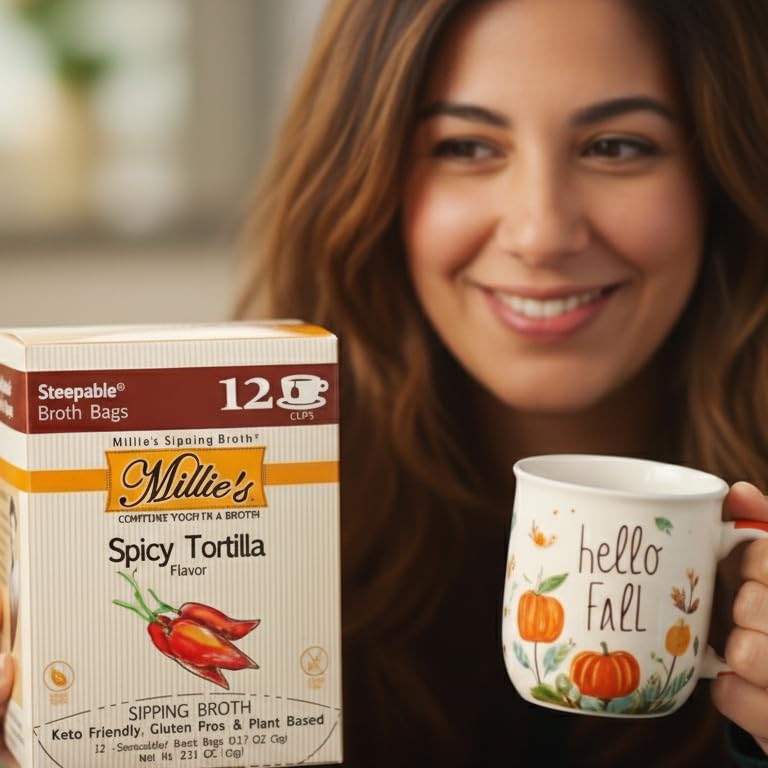 Millie's Sipping Broth spicy tortilla flavor cup highlighting keto-friendly beverage option