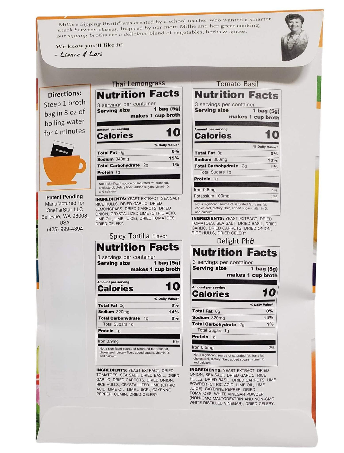 Millie's Sipping Broth variety pack showcasing savory flavors