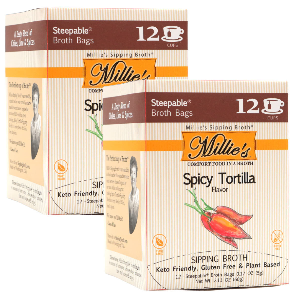 Millie's Sipping Broth vegetable broth bottle showing gluten-free vegan base for comforting sips