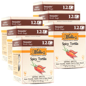 Millie's Spicy Tortilla Sipping Broth bag steep for a quick, portable beverage.