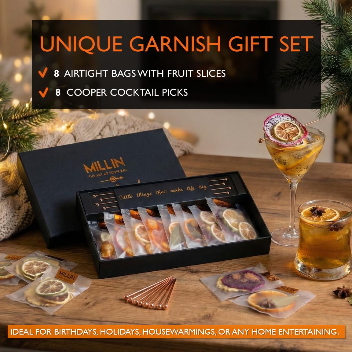 Millin Gourmet Garnish Gift Set copper picks for elegant drink rims